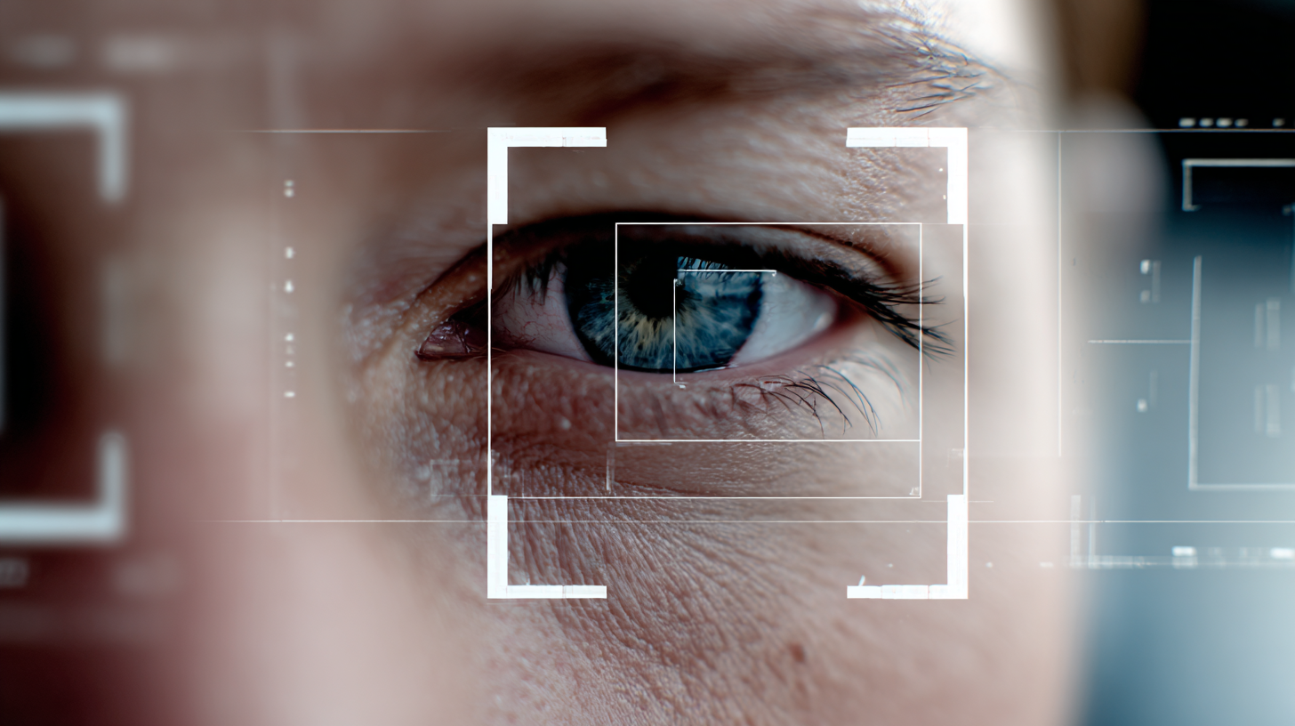 Menschliches Auge, davor eine digitale Anzeige, die wie ein Scanner darüber liegt