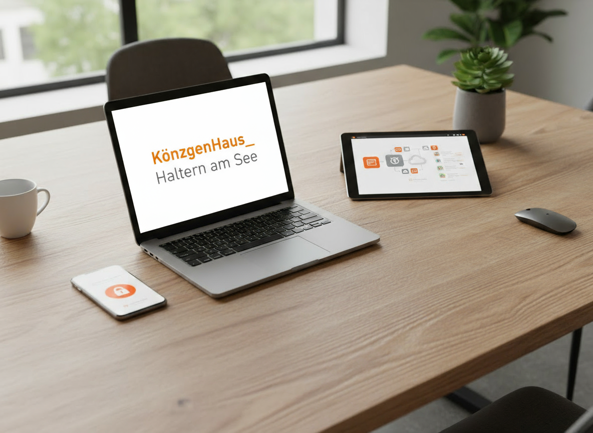 Digitale Geräte liegen auf einem Schreibtisch. Auf dem Rechner ist das Logo des KönzgenHauses zu sehen.