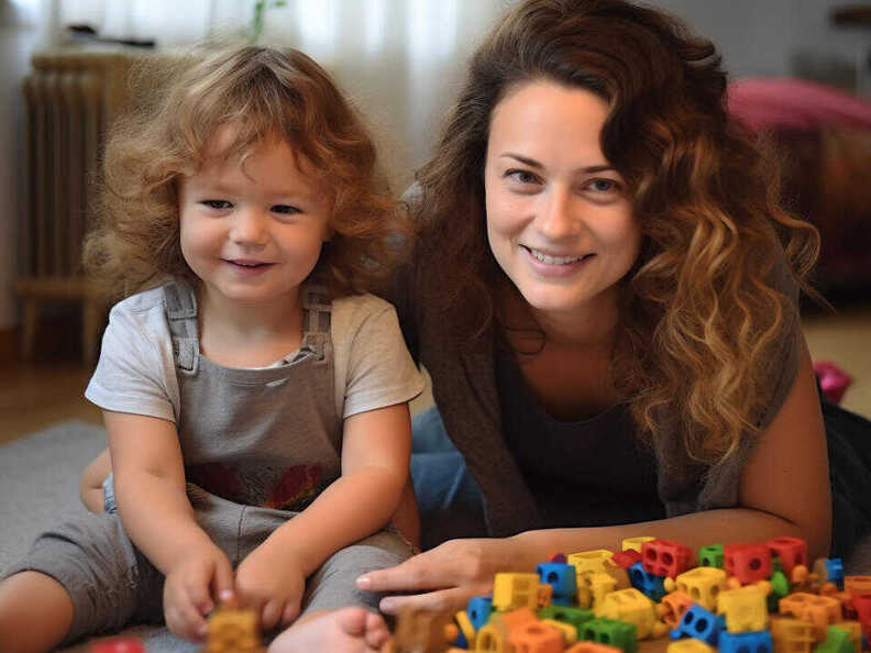 Mutter mit Kind vor Spielzeug