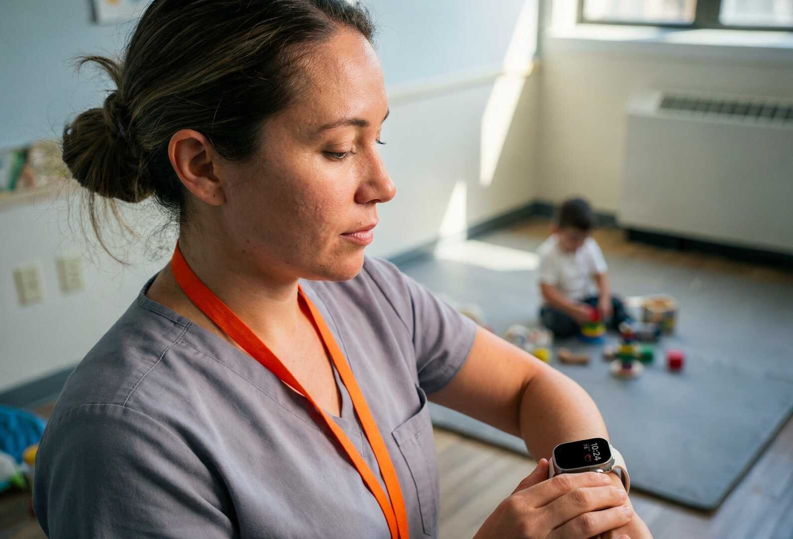 Frau schaut auf Smartwatch. Auf dem Spielteppich spielt ein Kind.